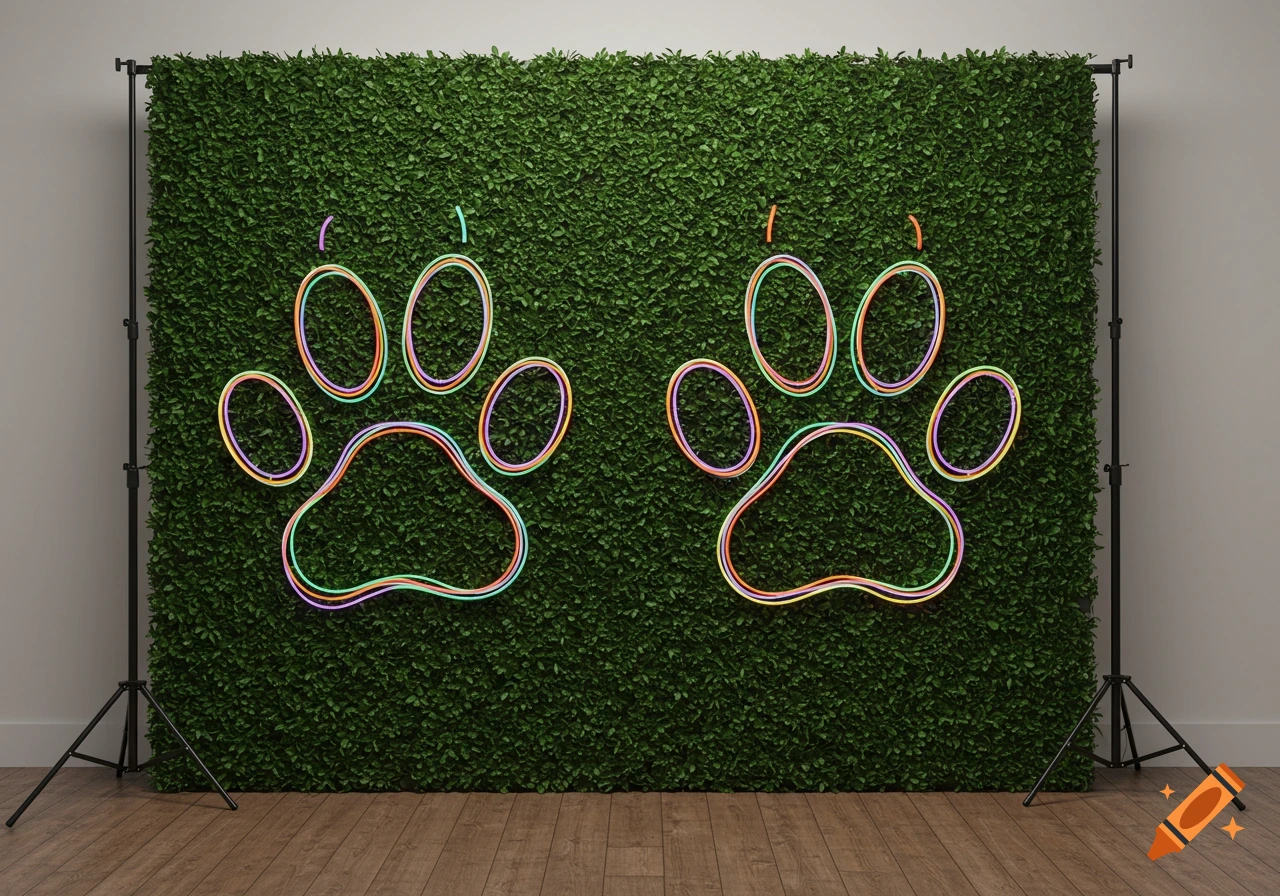 Photorealistic image of two colorful neon paw prints on a green boxwood wall photo backdrop.