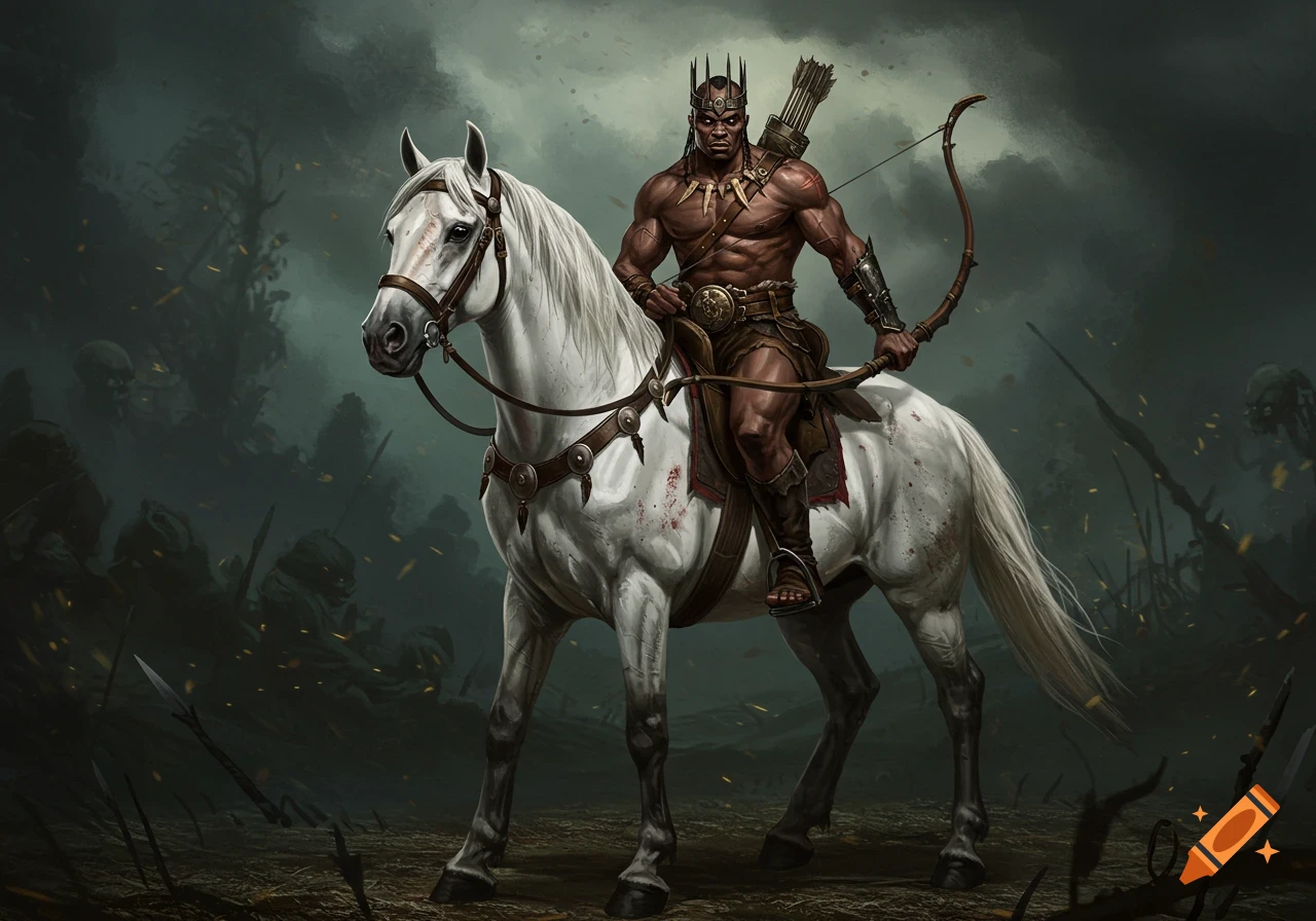 Illustration of a muscular warrior wearing a crown and holding a bow, riding a white horse on a dark battlefield.