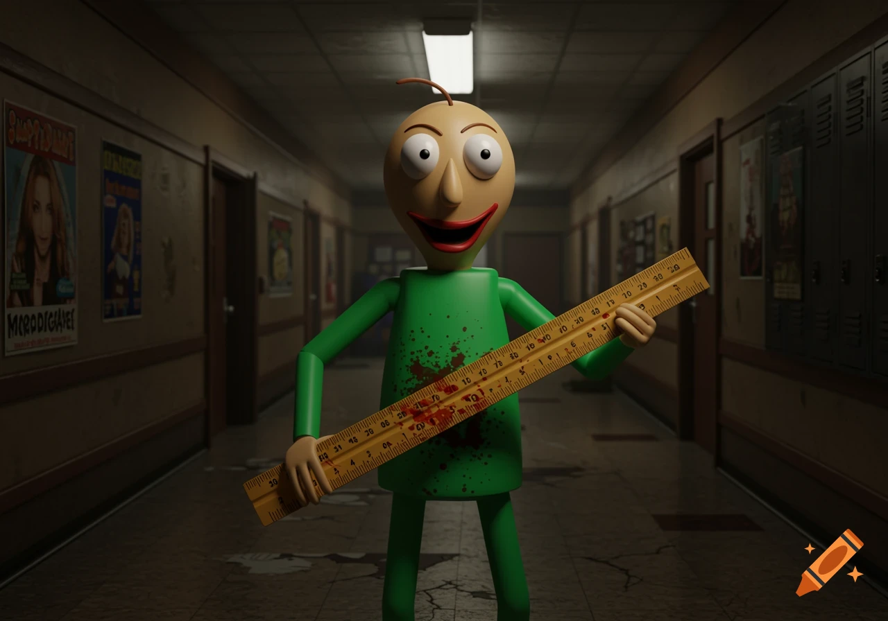 Baldi Basics in a school hallway, holding a bloody ruler. 3D render.