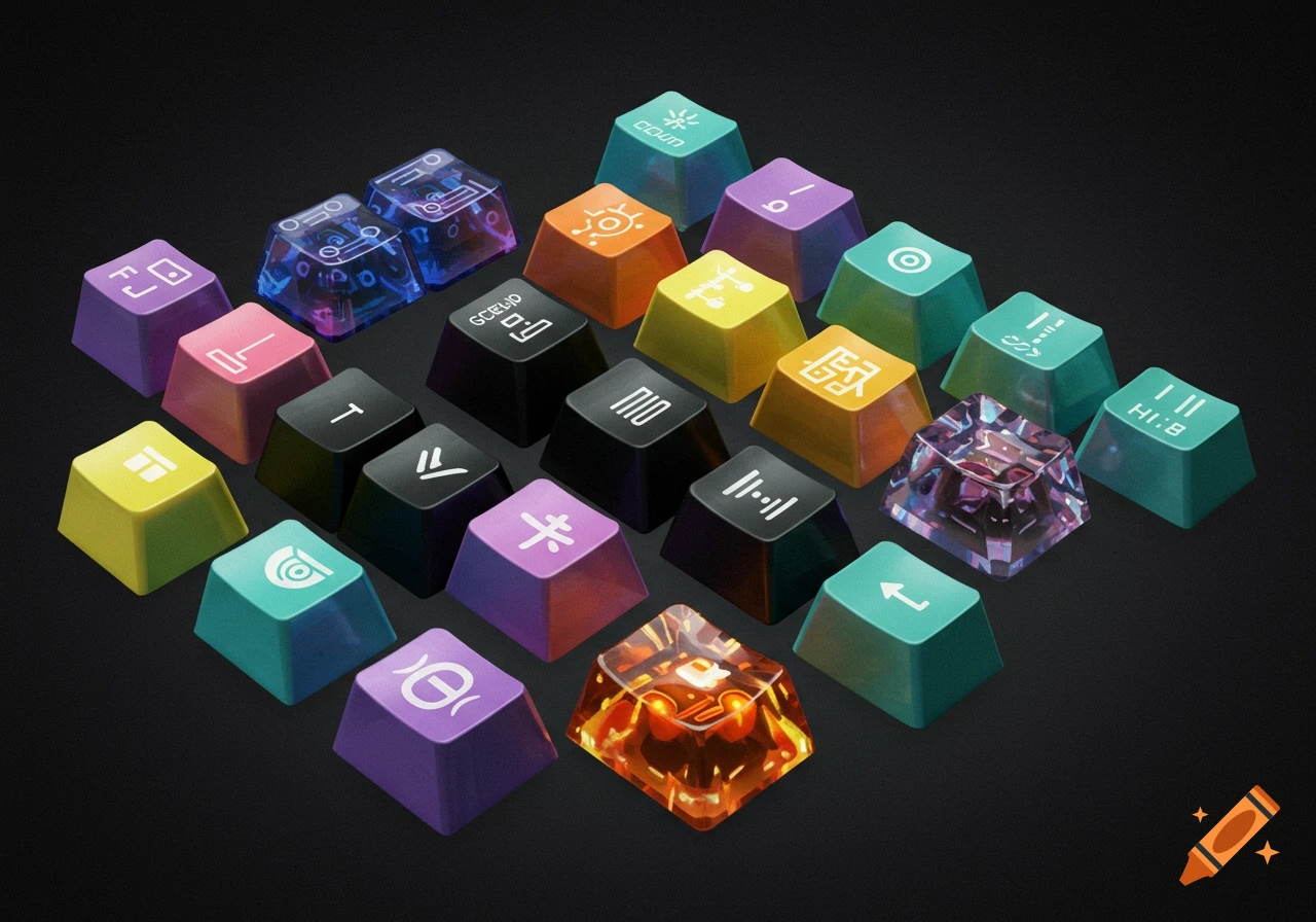 A collection of colorful custom computer keycaps with various symbols and designs on a dark background.