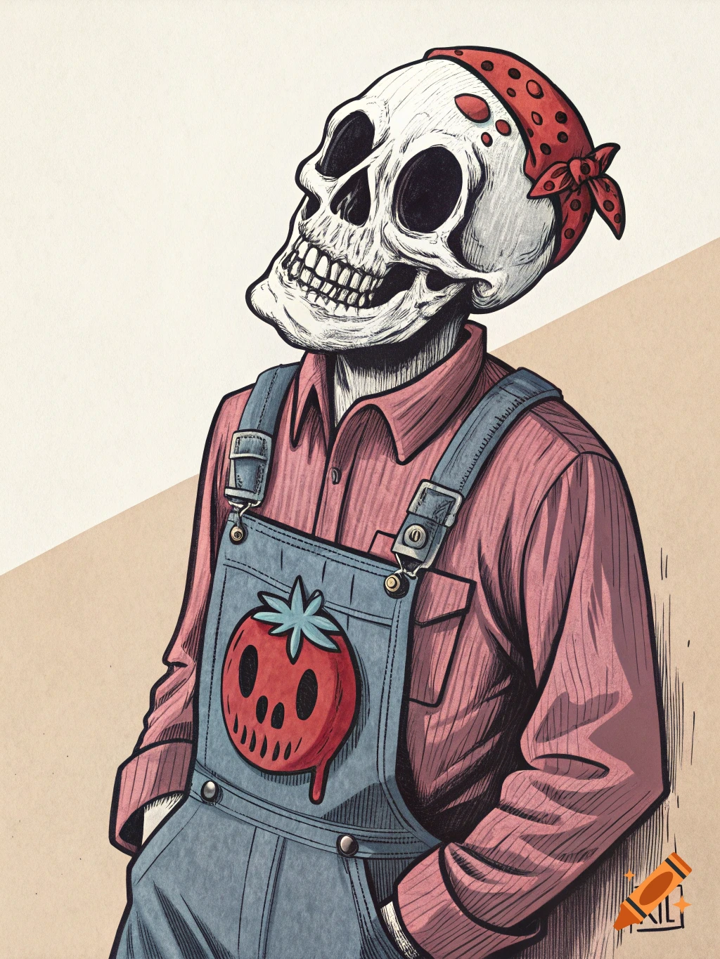 Stylized illustration of a skeleton in overalls and a bandana with a scary tomato patch.