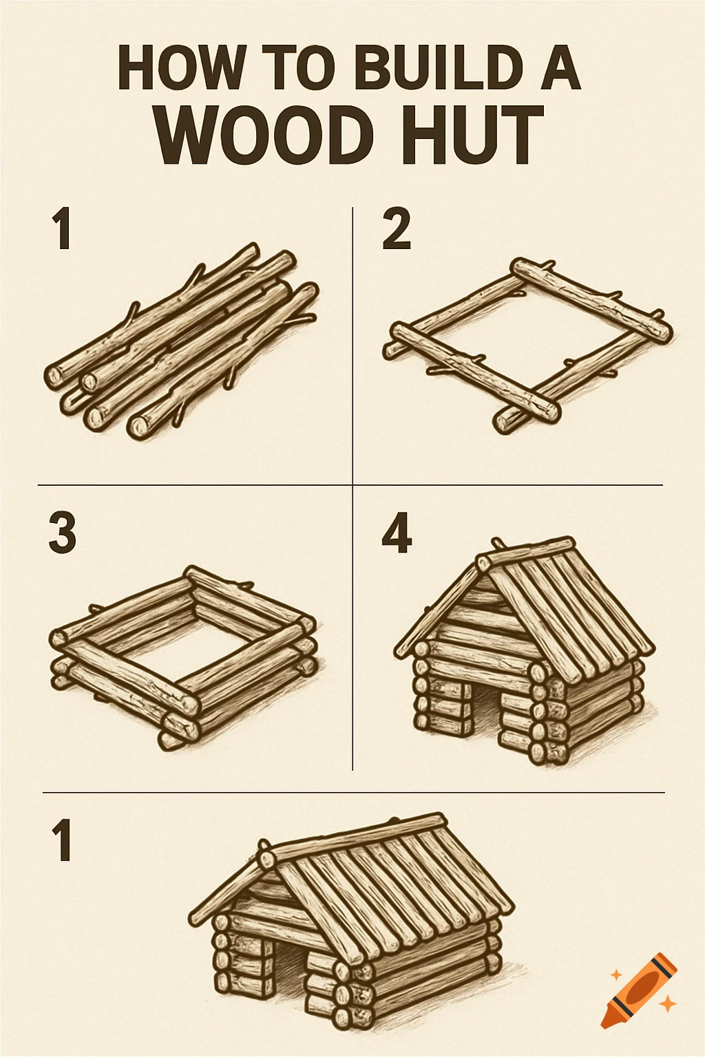 Illustration showing steps to build a wood hut from sticks.