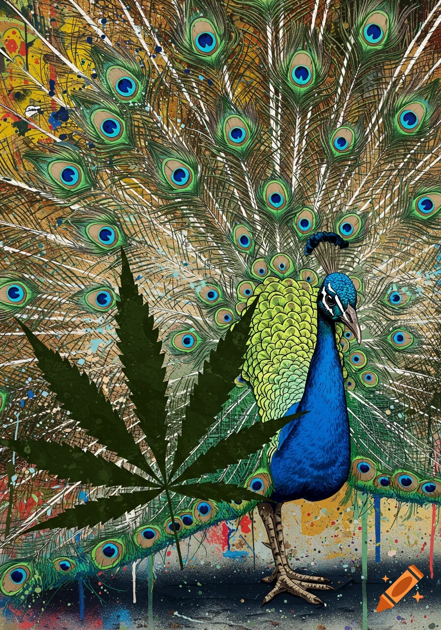Peacock with full tail display stands beside a cannabis leaf in a vibrant graffiti style.