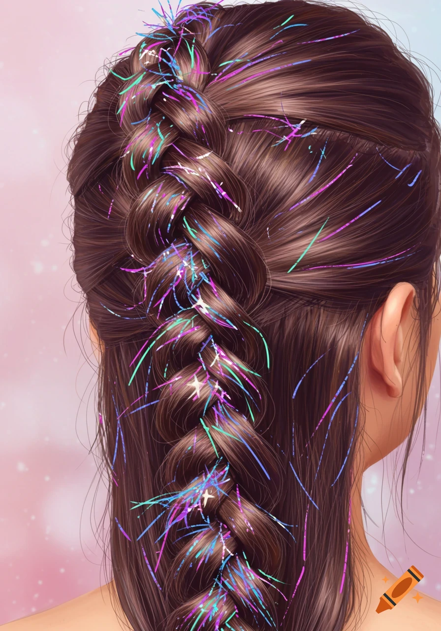 A close-up illustration of a brown braid with colorful hair tinsel woven throughout.
