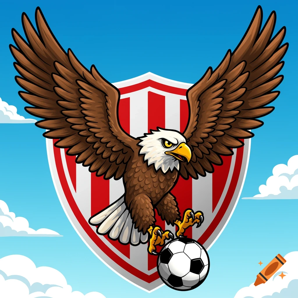 Cartoon eagle flying with a soccer ball in its talons against a striped shield and blue sky.