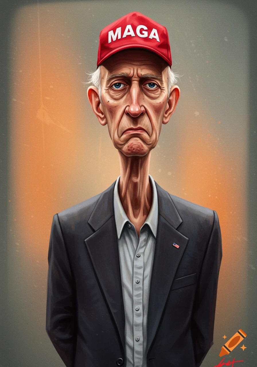 Caricature portrait of an old man in a suit and red MAGA hat.