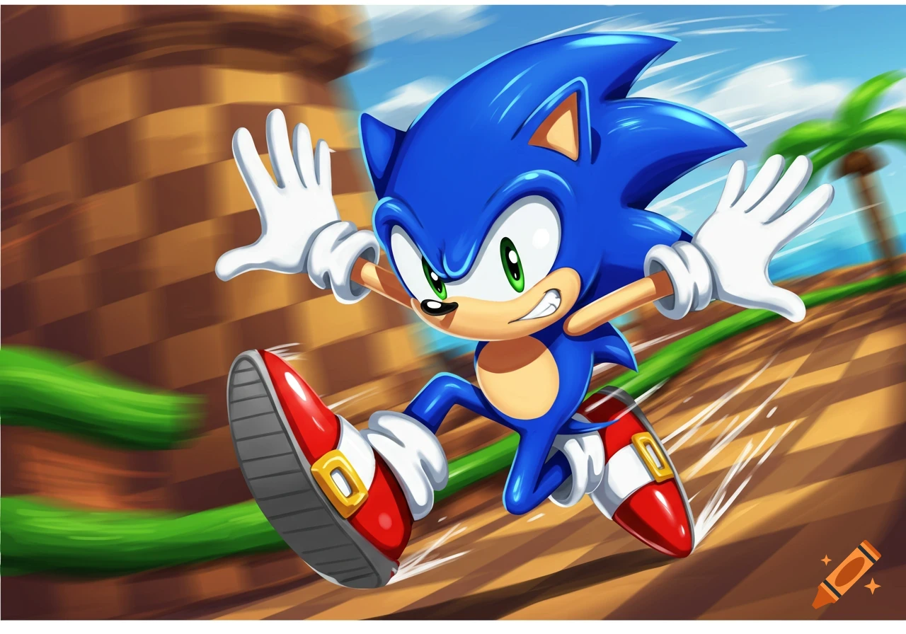 Sonic the Hedgehog running at high speed through a stylized landscape.