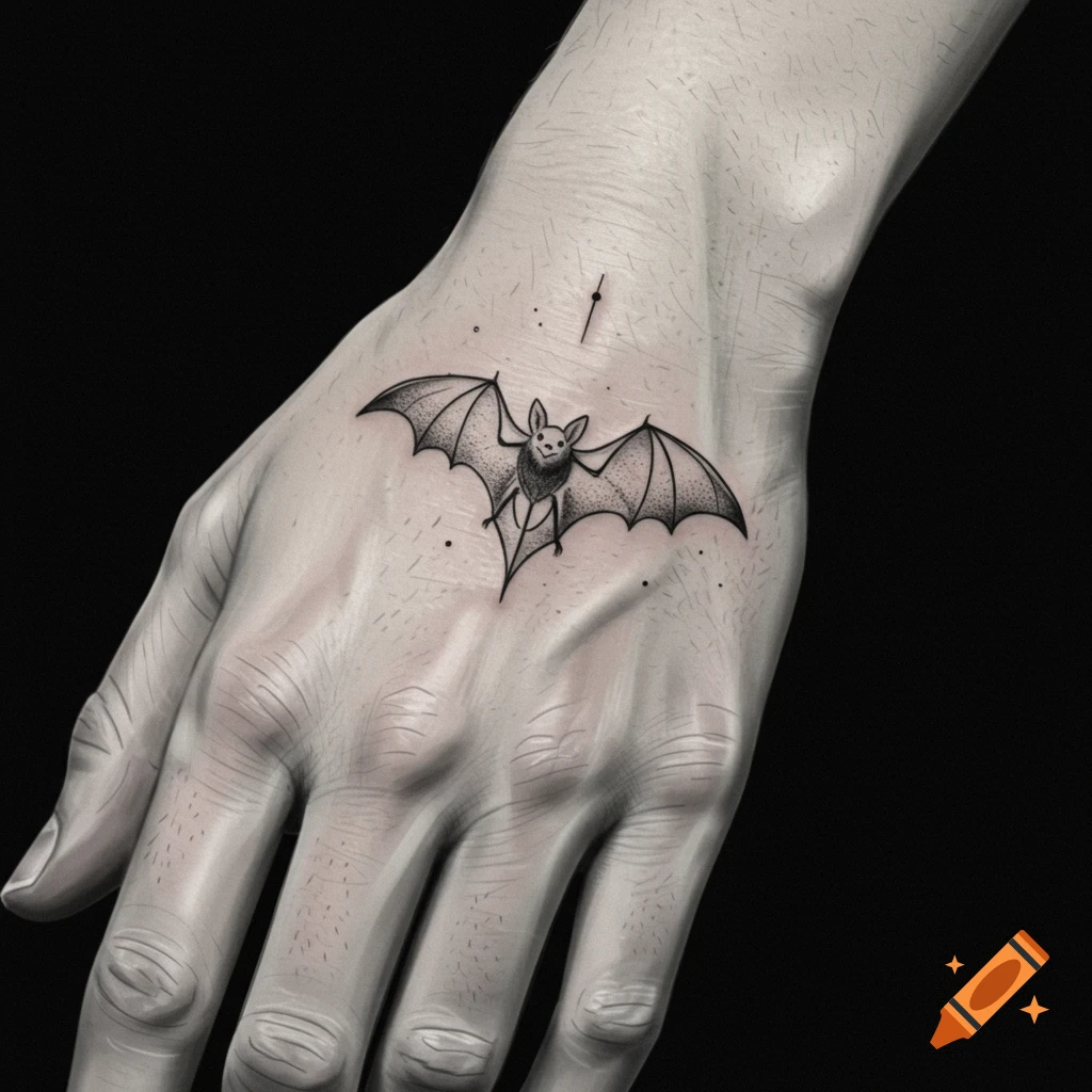 A minimal bat tattoo on the back of a hand.