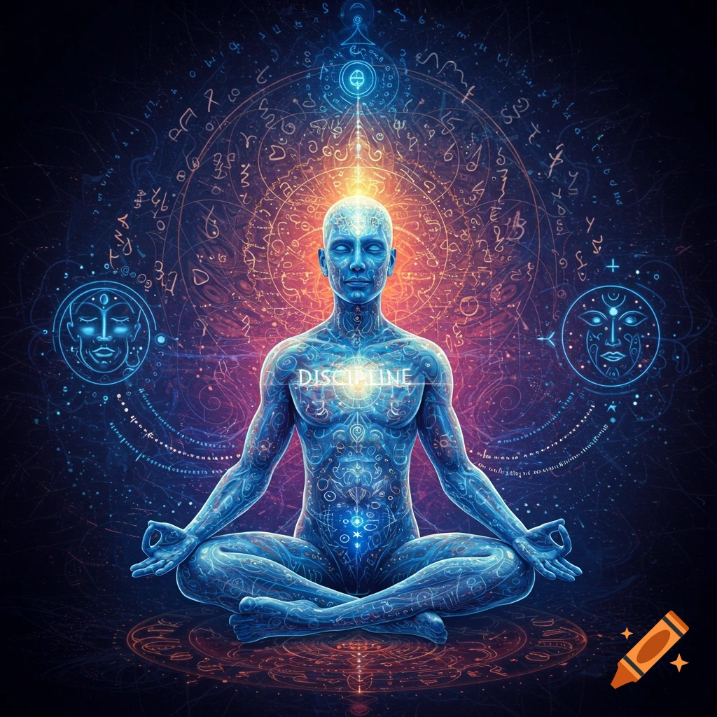 Mystical figure meditating with glowing patterns and cosmic background.
