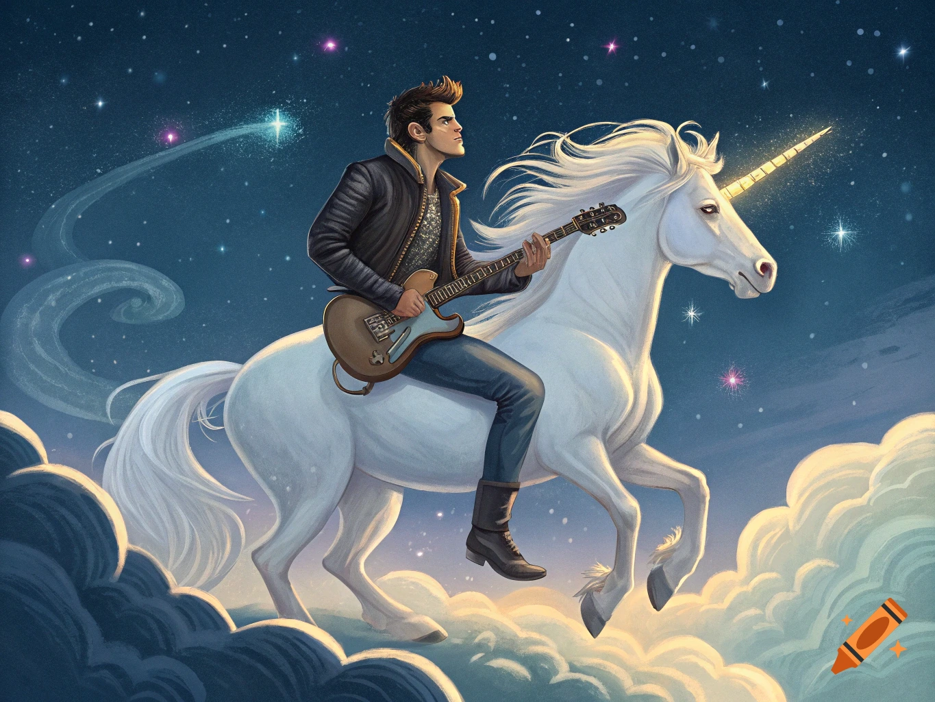 Man riding a white unicorn through a starry sky, playing an electric guitar.