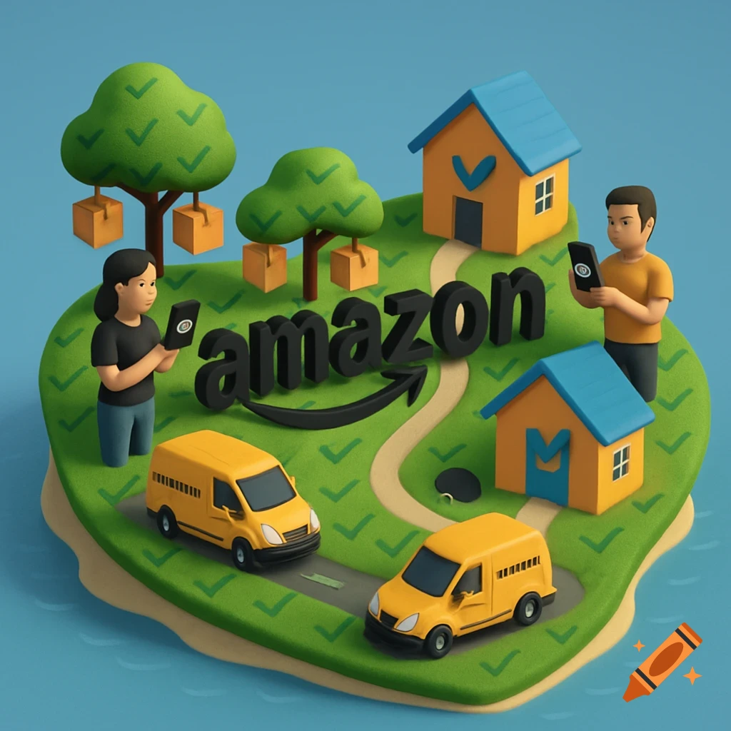 Stylized 3D illustration of an island with Amazon themed houses, cars, people, trees, and logo.