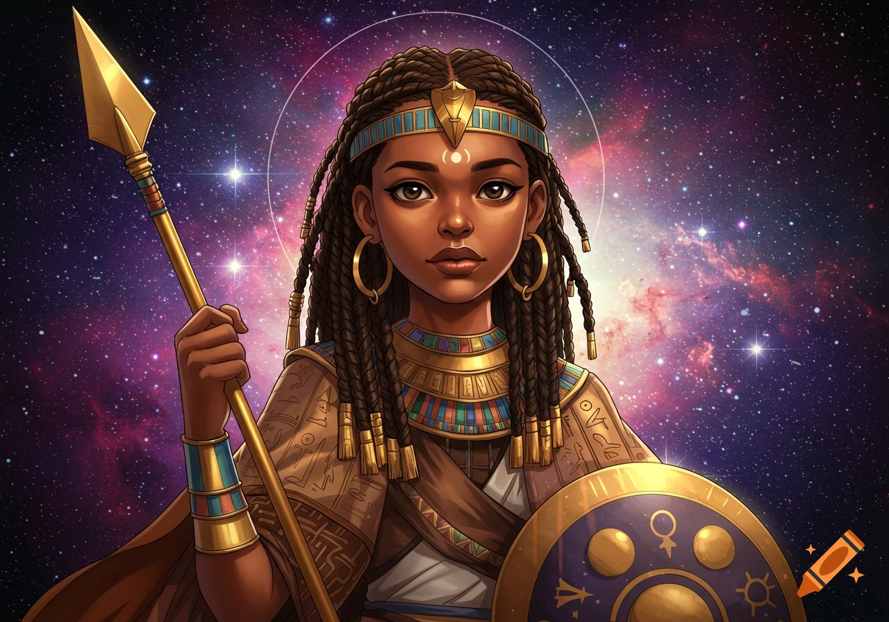 A young Black girl warrior in ancient-inspired clothing and armor, holding a spear and shield, against a starry space background.