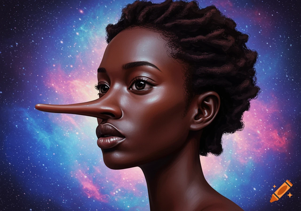 Portrait of a black woman with a very long nose against a cosmic background