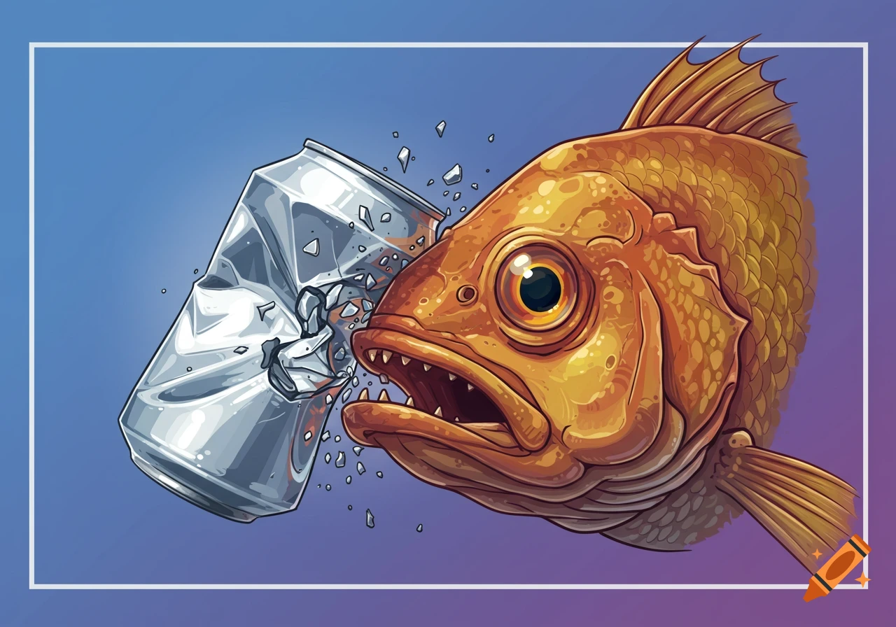 Vector illustration of a fish head smashing into a crushed aluminum can