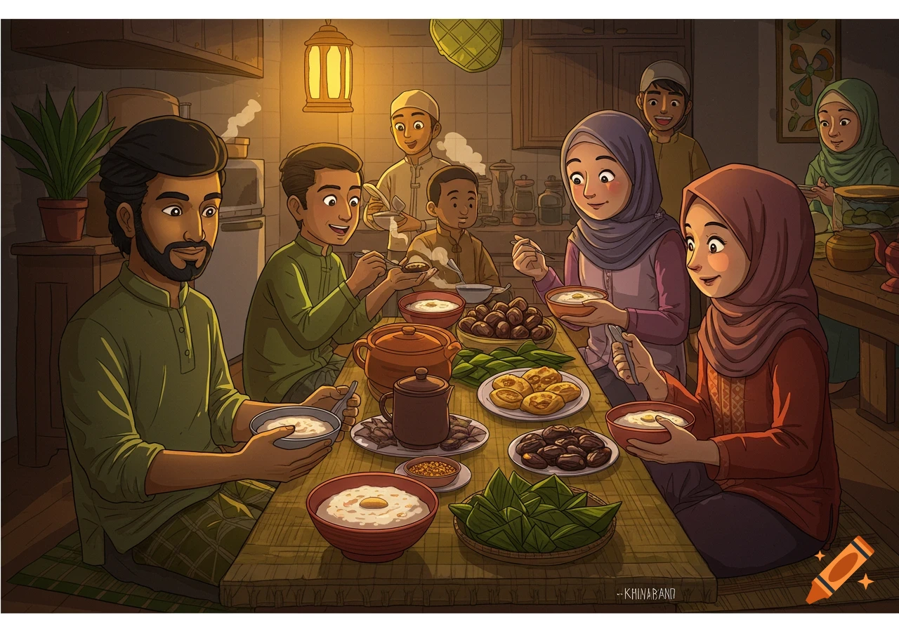 An illustration of a Muslim family eating a meal together around a table, possibly suhoor.