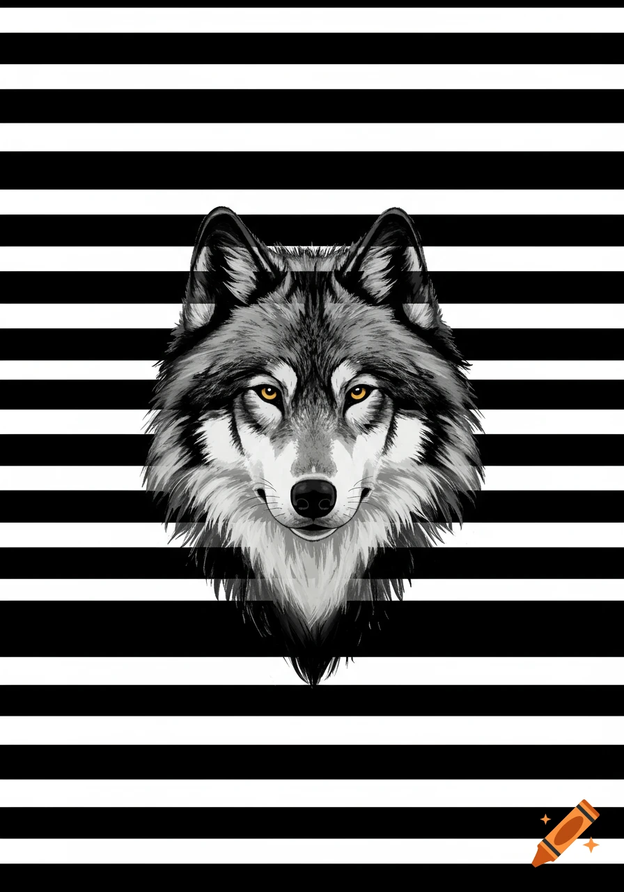 Illustration of a wolf head against a black and white striped background.