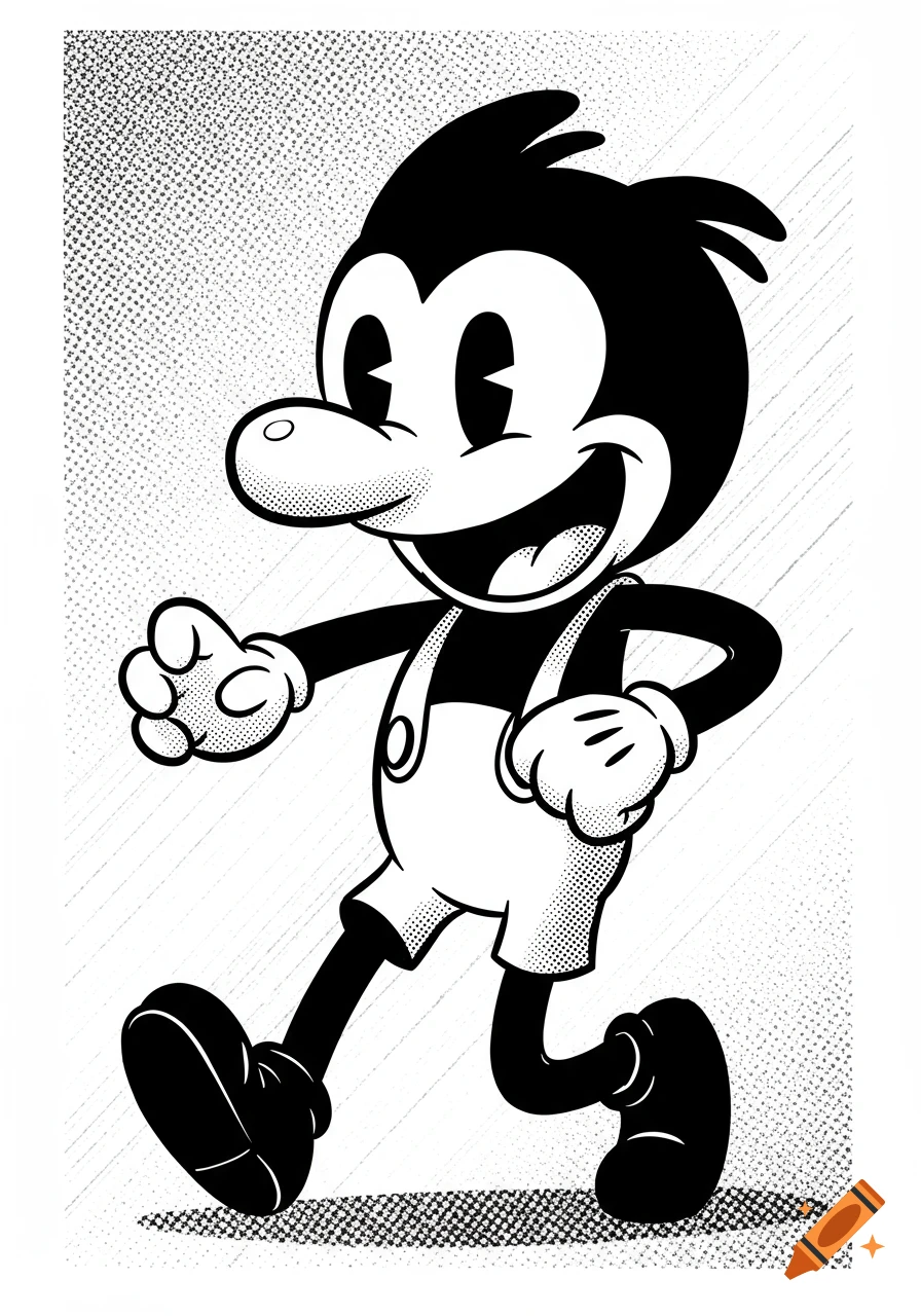 Black and white cartoon character in overalls walking, 1930s style.