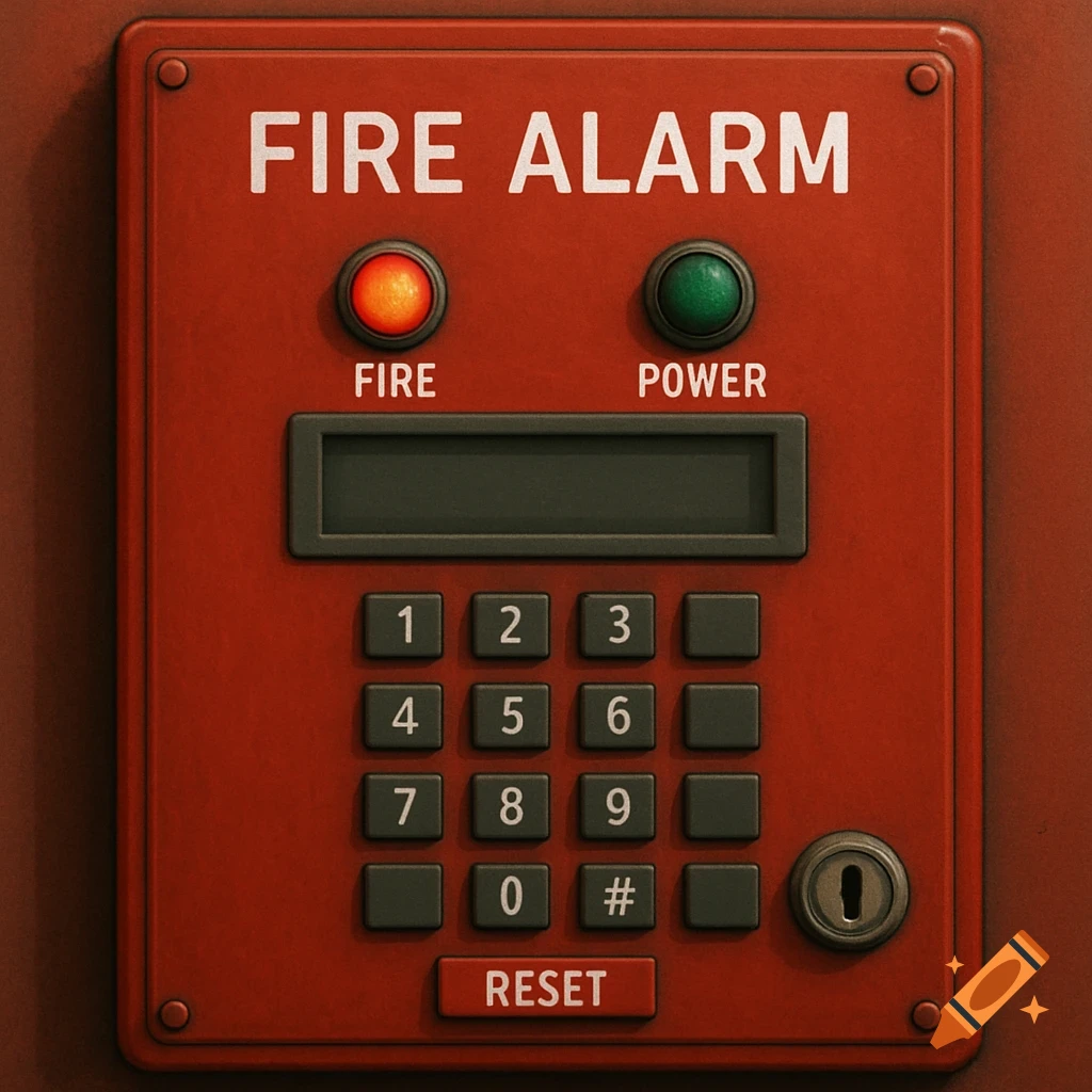 A close-up view of a red fire alarm panel with a keypad, two indicator lights, a display screen, and text labels.
