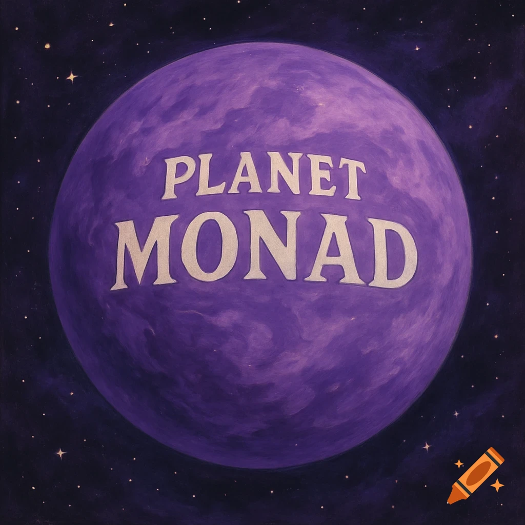 A purple planet with the words PLANET MONAD on it floats in a starry space.