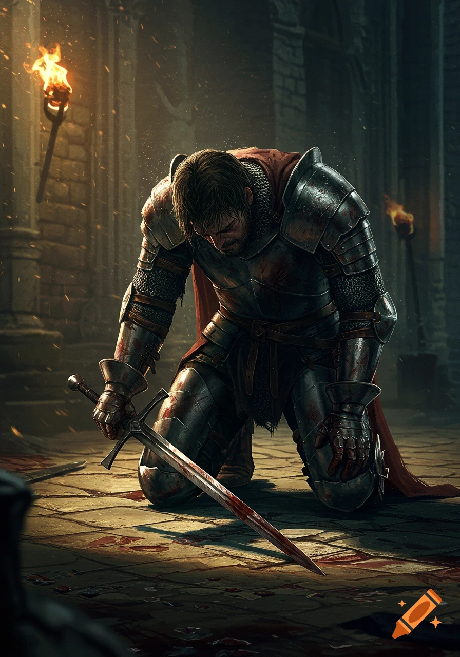 Kneeling knight in bloodied armor holds a sword in a dark, ancient hall with torches.