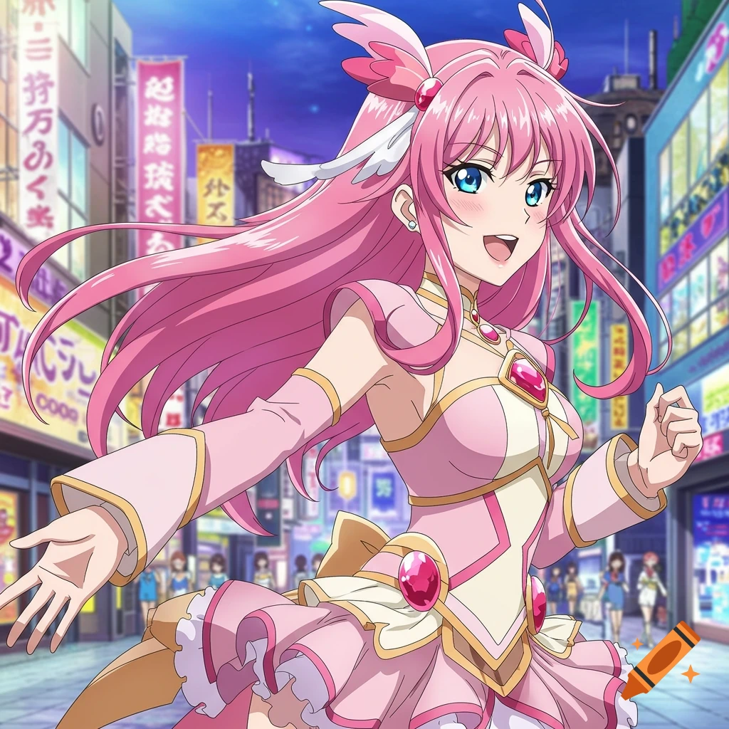 Pink-haired anime girl in a pink magical girl costume smiles excitedly on a city street.