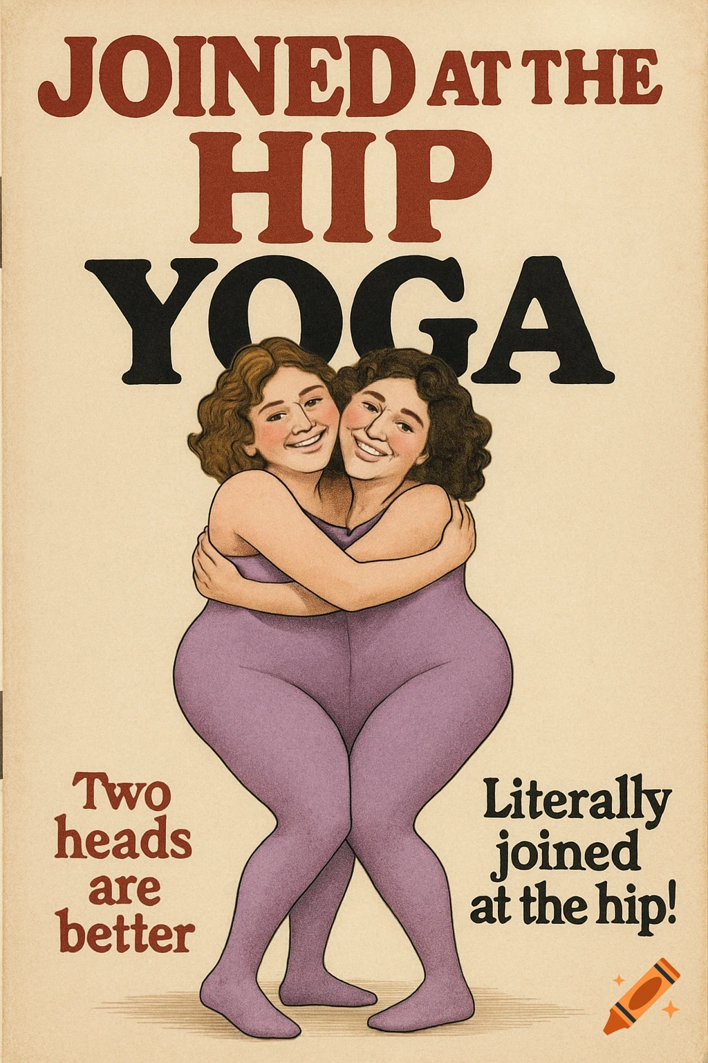 Vintage illustration of two women hugging, joined at the hip, promoting 'Joined at the Hip Yoga'.