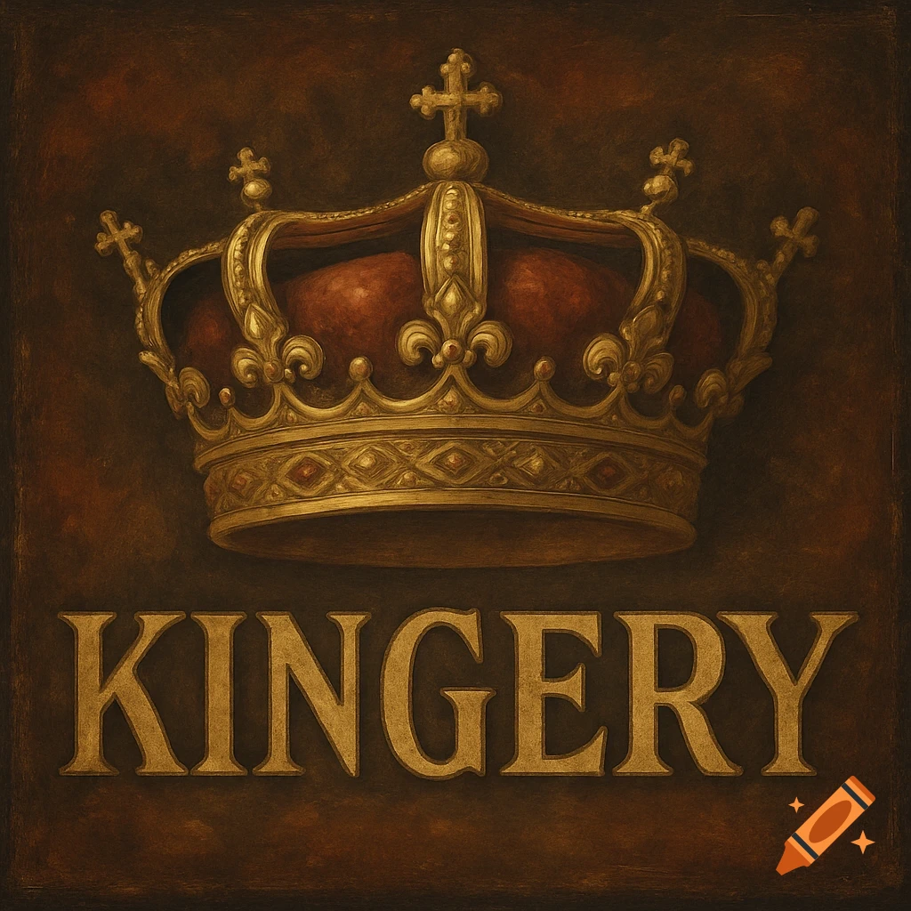 A golden crown above the word 'KINGERY' on a dark background in a painted style.