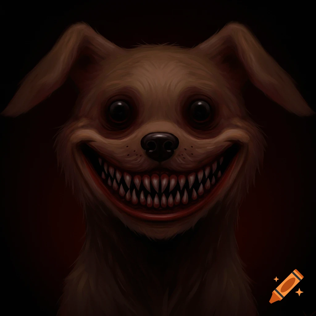 Close-up of a creepy dog's face with wide dark eyes and a huge grin filled with sharp teeth, set against a dark background.