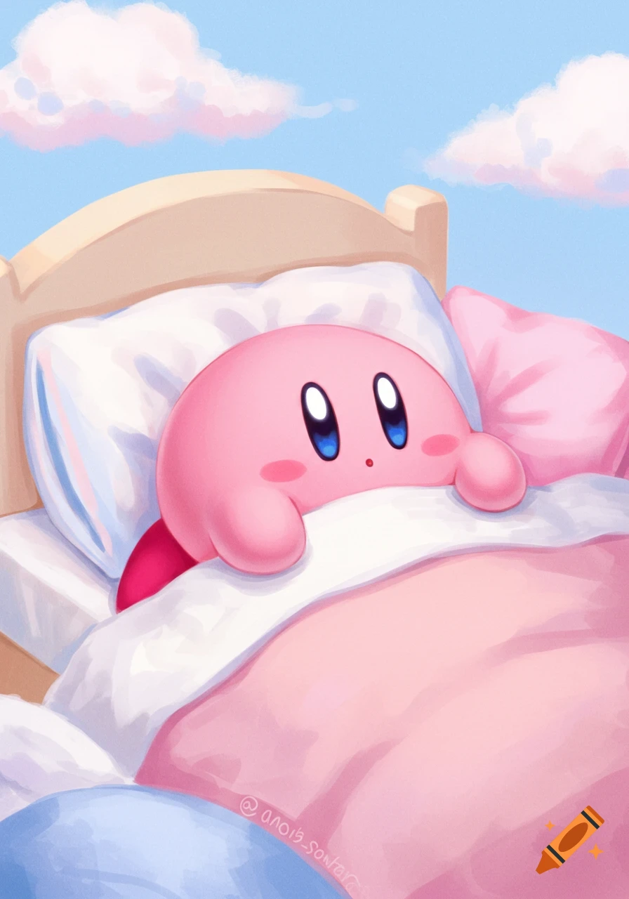 Cute illustration of Kirby tucked into a pink bed