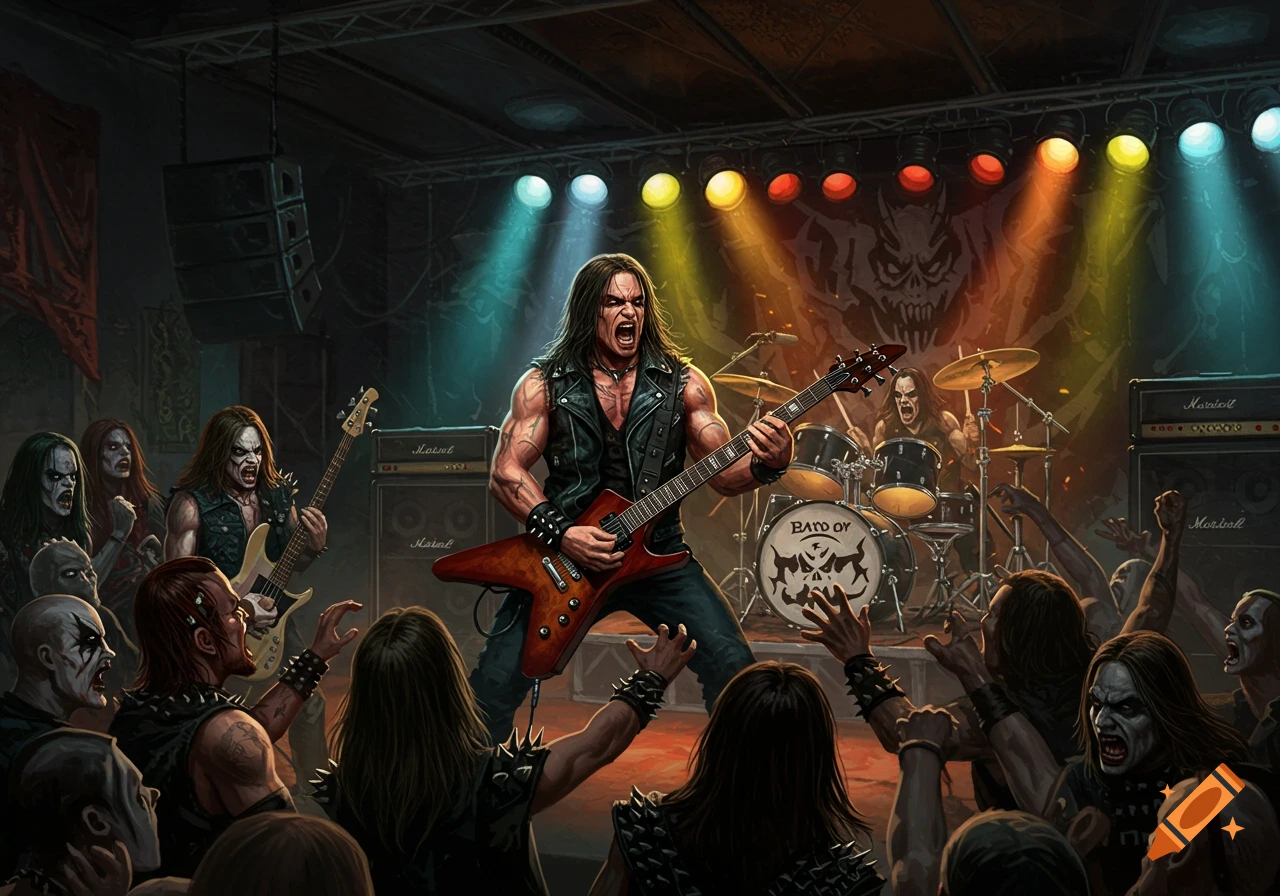 Illustration of a heavy metal band playing a concert on stage to a crowd.