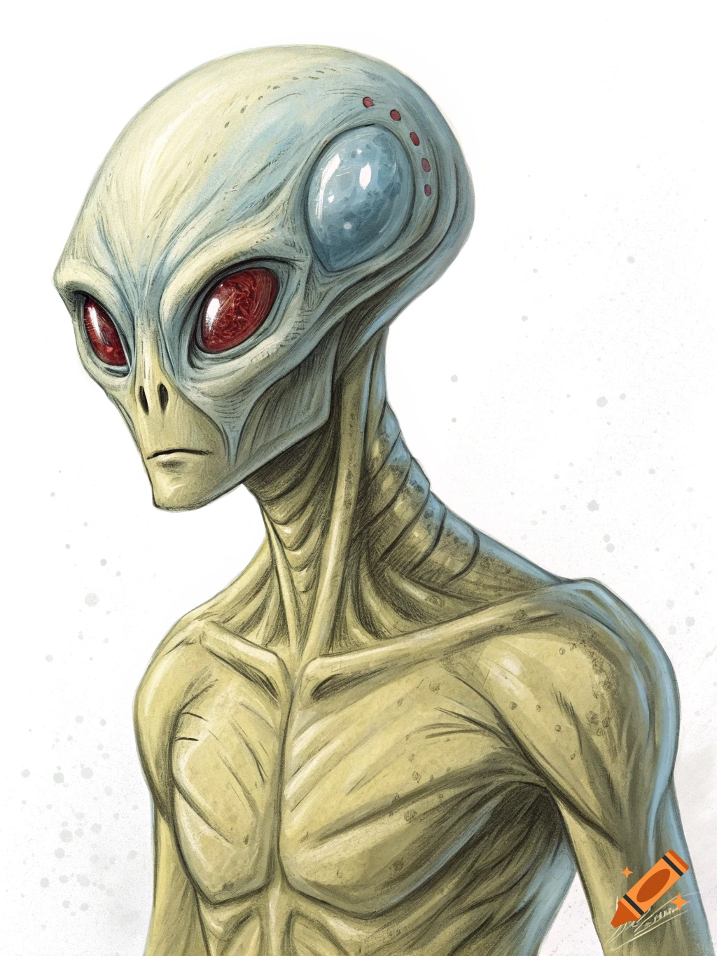 Illustration of a grey humanoid alien with red eyes.