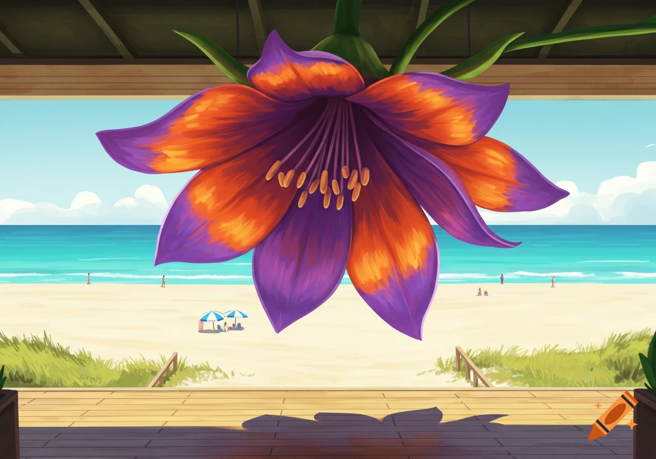 A large purple and orange flower hangs in the foreground, overlooking a sunny beach scene with blue water and scattered people.