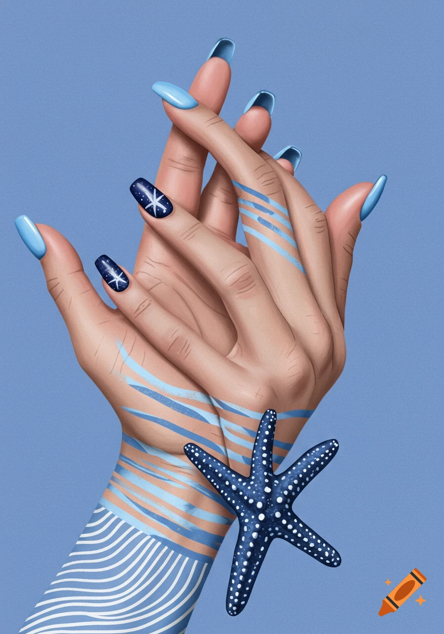 Two hands with baby blue nails and blue stripes, holding a blue starfish, against a blue background.