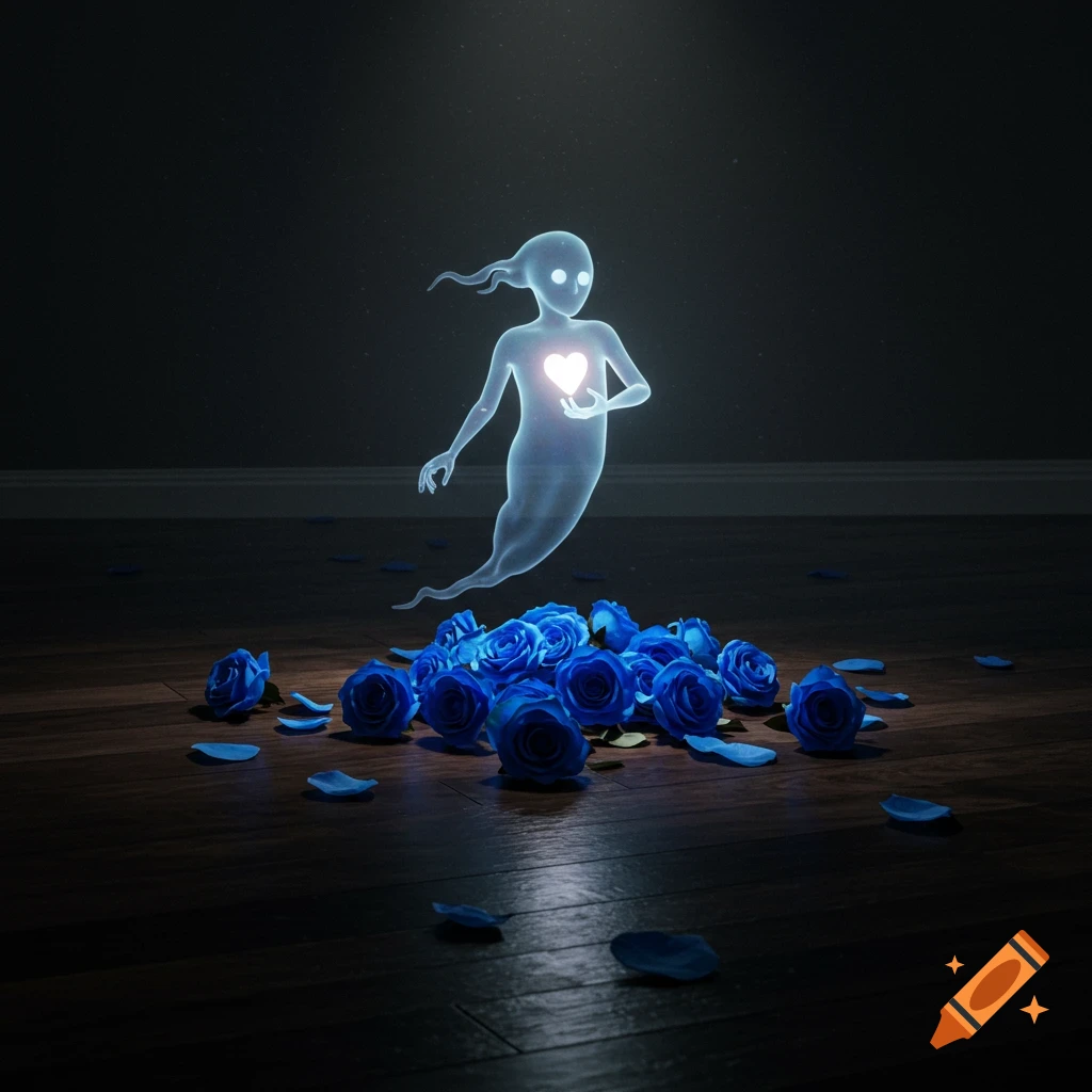 A glowing transparent figure holds a heart above blue roses on a dark wooden floor.