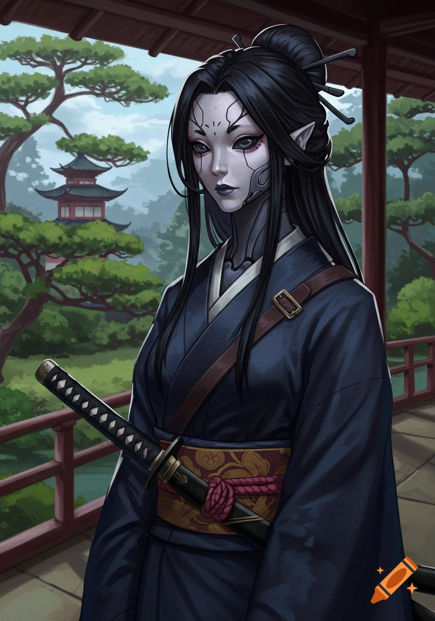 Illustration of a cyborg woman in a kimono with a katana on a Japanese bridge with a pagoda and trees in the background.