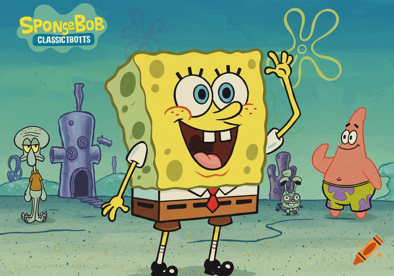 SpongeBob, Patrick, and Squidward underwater in the classic cartoon style.