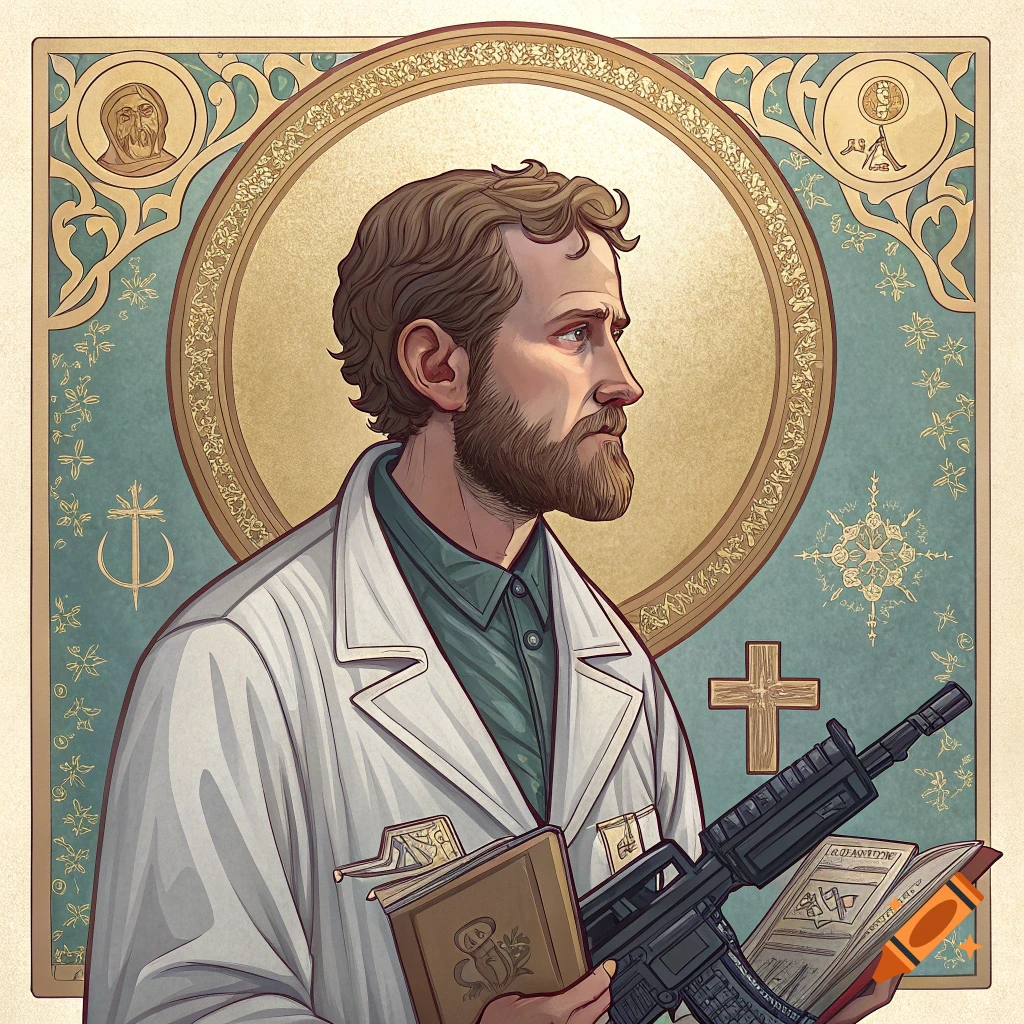 Orthodox icon style portrait of a bearded man in a lab coat holding a book and a rifle.