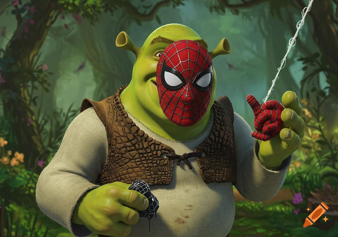 Shrek wearing a Spider-Man mask and web-shooters in a forest