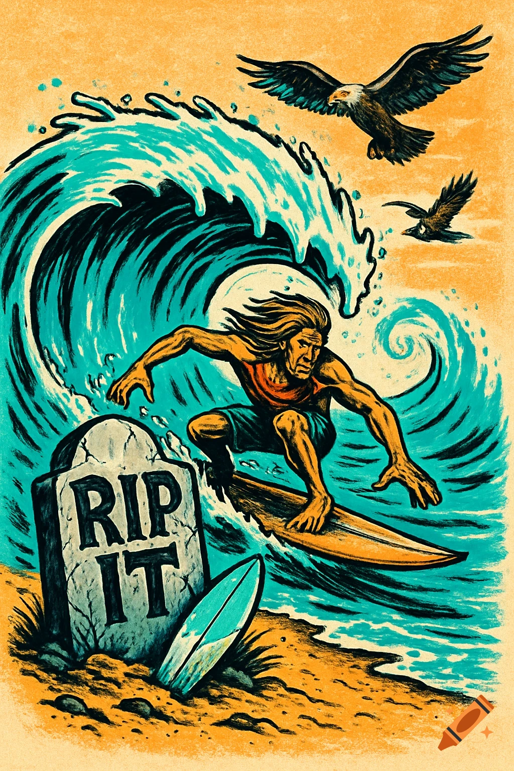 Grunge style illustration of a surfer riding a wave next to a RIP IT gravestone on the beach with eagles flying overhead.