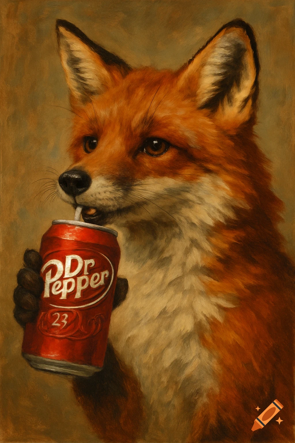 A fox drinking from a Dr Pepper can with a straw, painterly style.