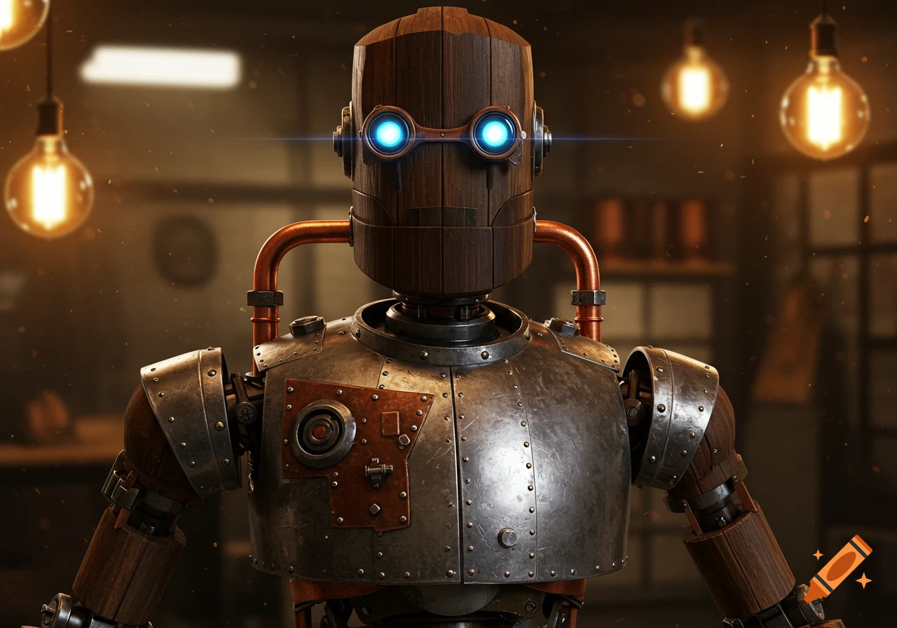 Close-up of a steampunk robot made of wood and metal. on Craiyon