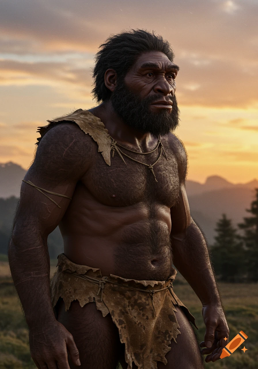 Realistic portrait of a prehistoric man in a natural setting at sunset.
