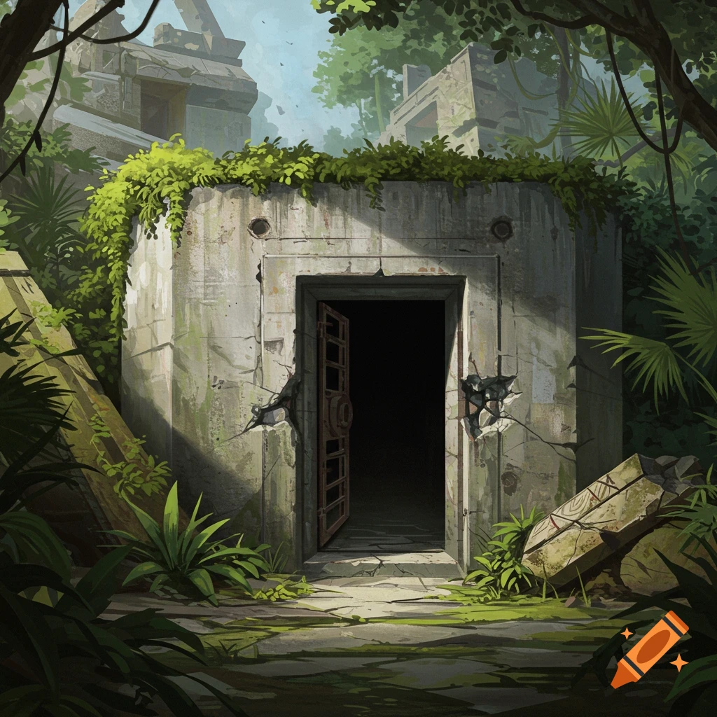 Concrete bunker entrance overgrown with jungle plants and ruins, painterly style