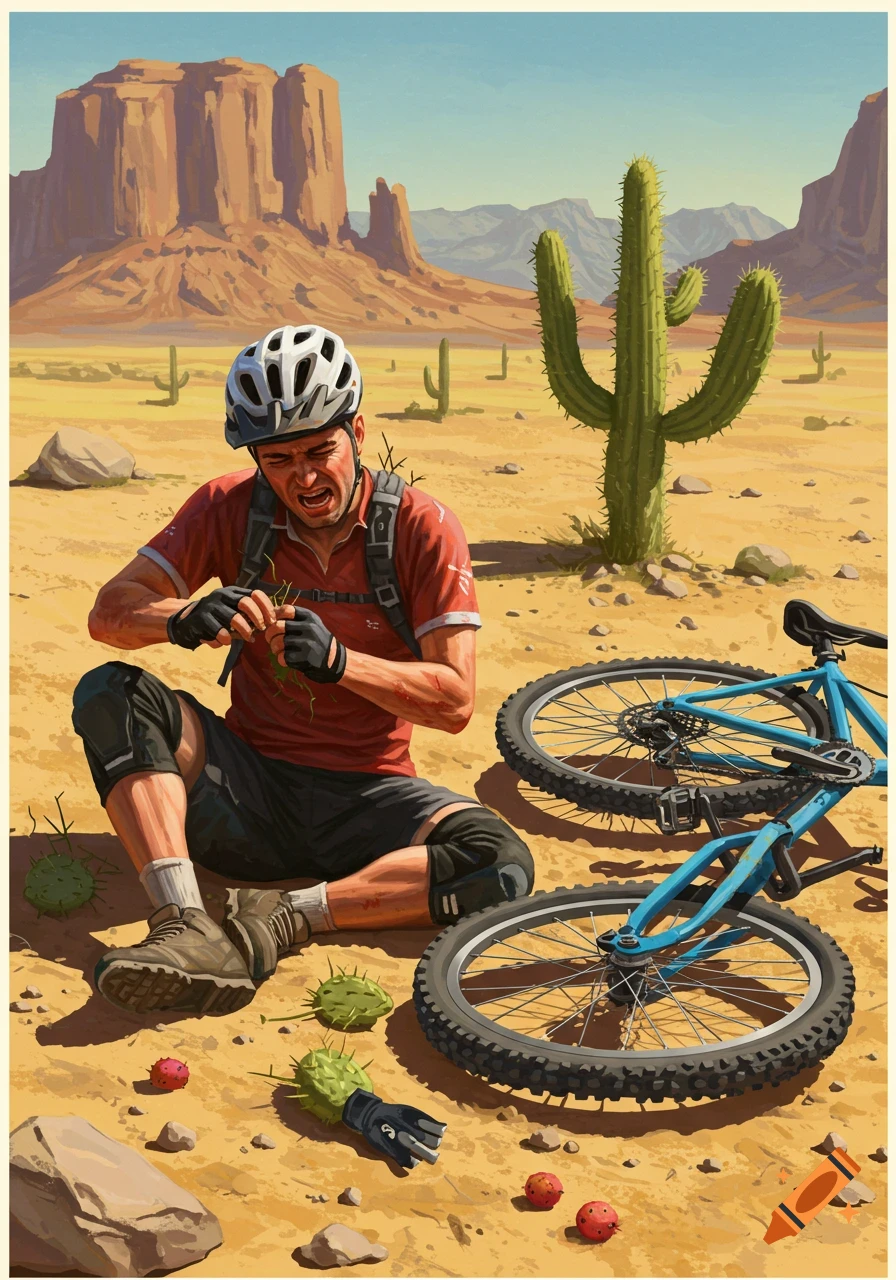 Injured mountain biker pulls cactus spines from his leg in a desert landscape next to his fallen bike, stylized illustration.