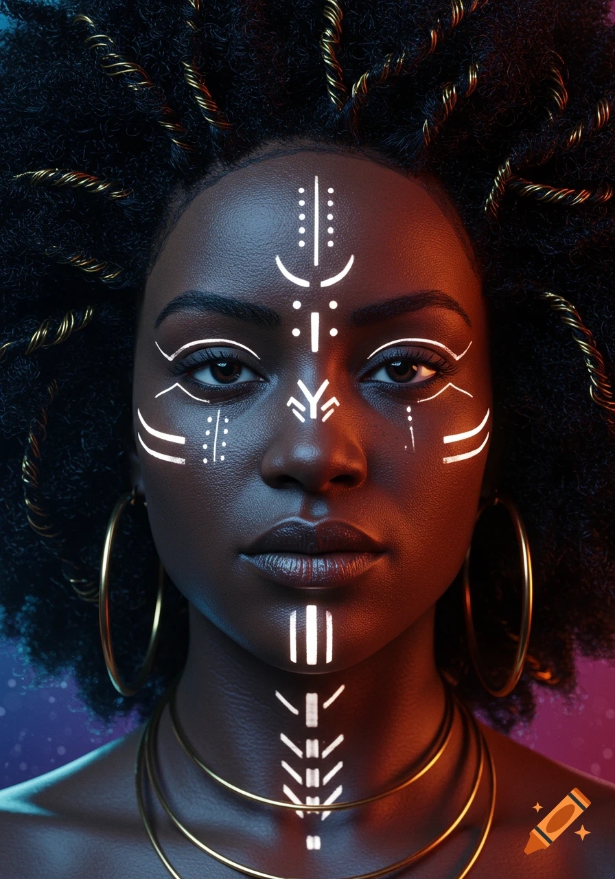 Close-up portrait of woman with Afrofuturist face art, gold jewelry, and textured hair against a cosmic background.