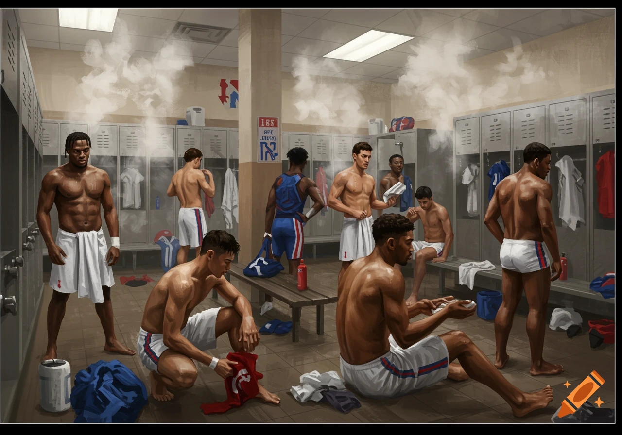Illustration of male athletes in a locker room, some wearing towels or ...