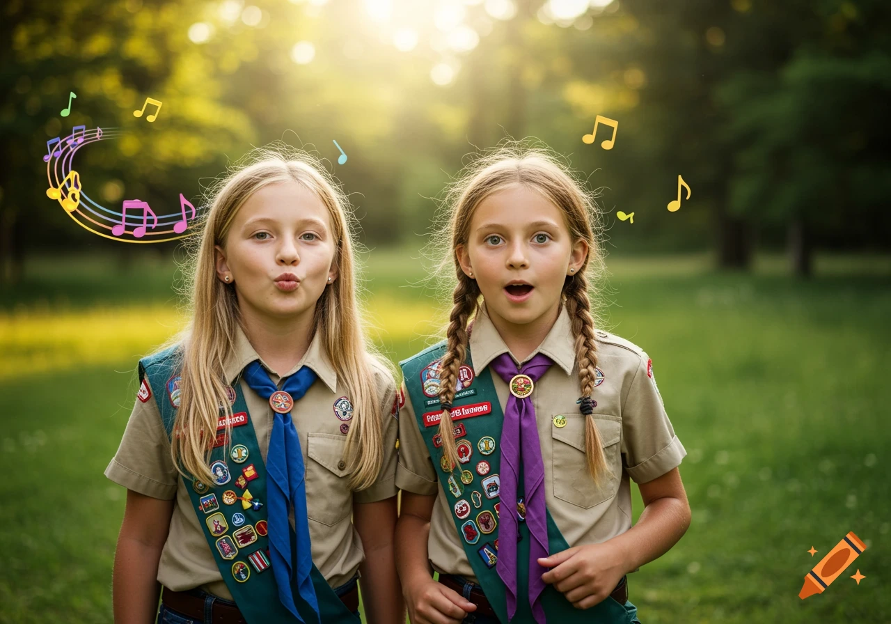 Two young girl scouts outdoors, one whistling with musical notes floating above, the other with an open mouth.
