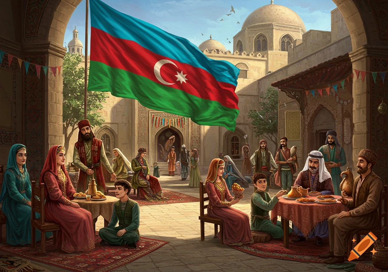 People in traditional Azerbaijani clothing celebrate Eid al-Adha under a large flag in an outdoor setting with food and historic architecture.