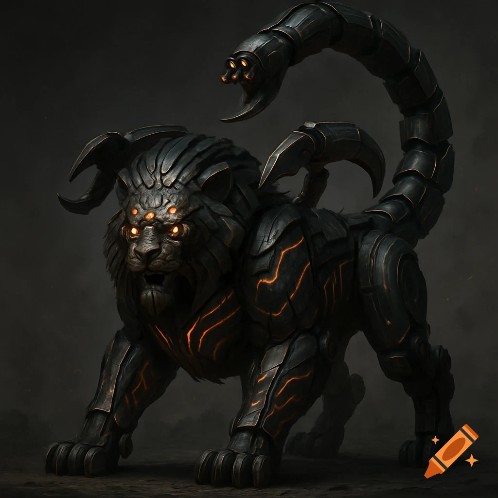 Dark biomechanical lion-scorpion creature with multiple glowing eyes and armored plating stands ready.
