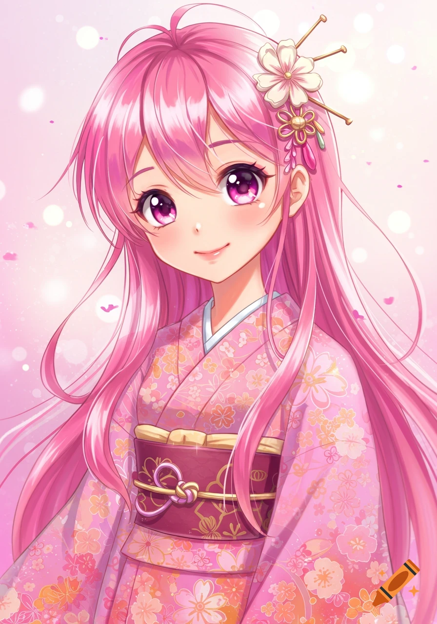 Cute anime girl with long pink hair wearing a pink floral kimono.